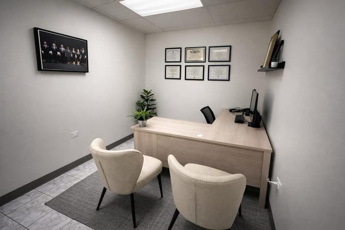 Oficina de consulta con diplomas en la pared y dos sillas frente al escritorio